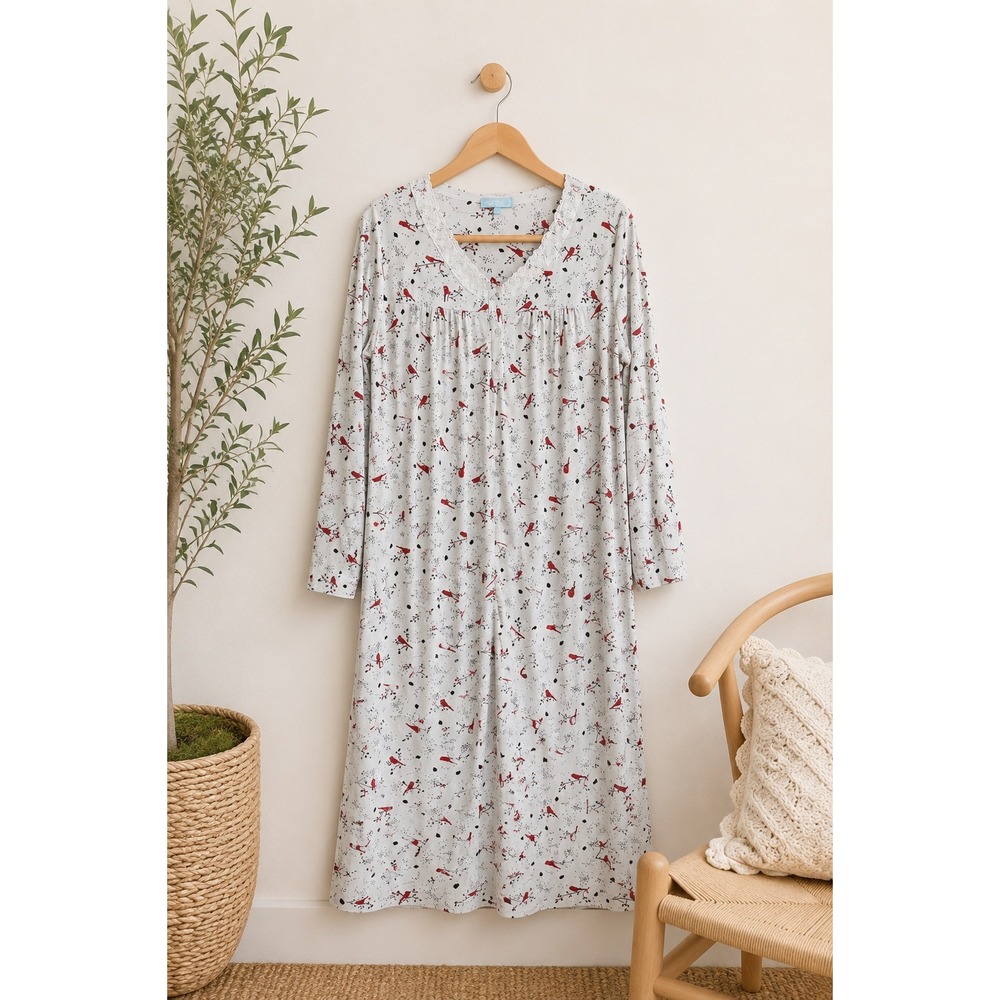 Vintage Penmans Cardinal Print Fleece Nightgown Cottagecore‎ Cozy Cabincore Sz M